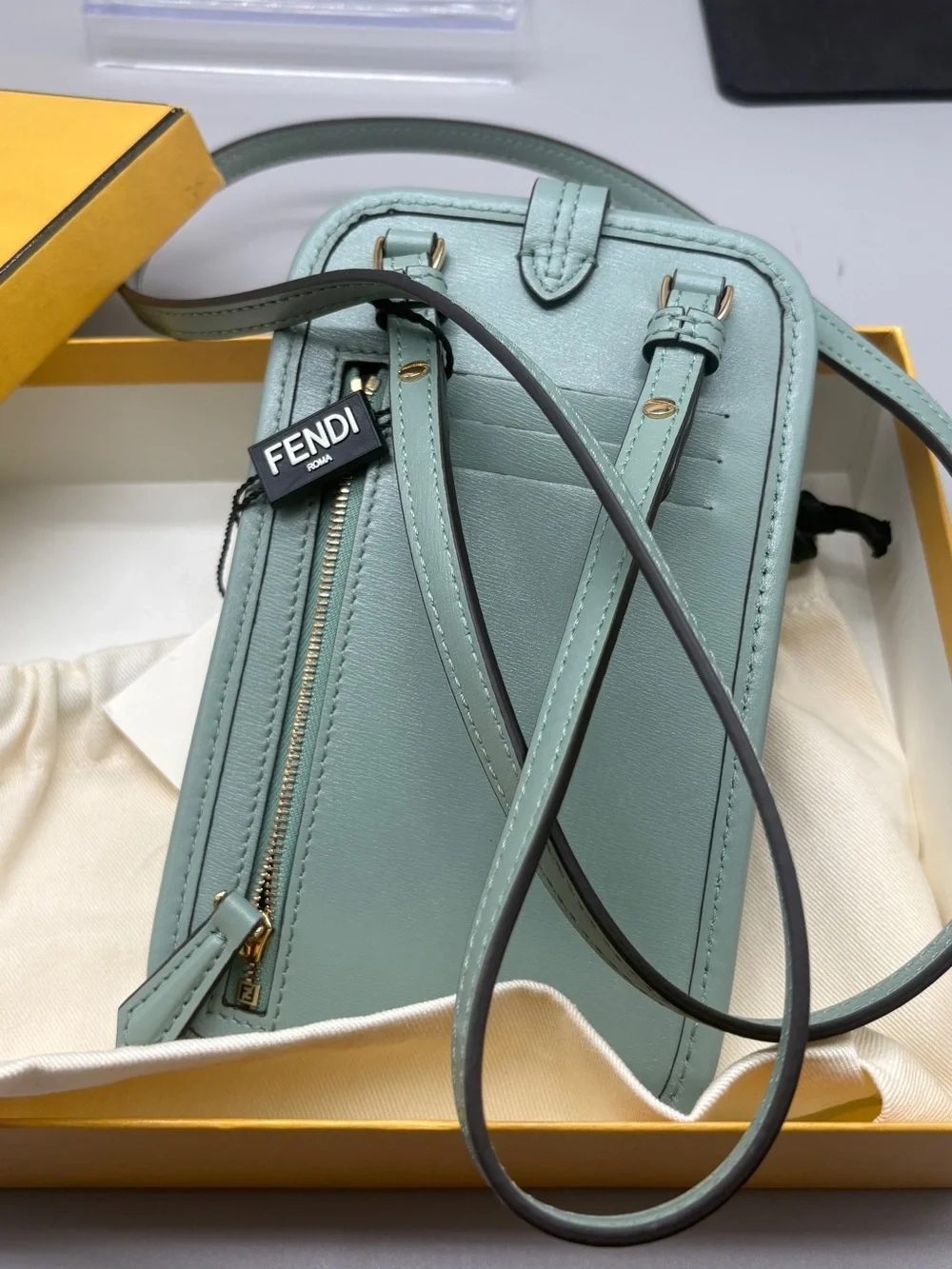 Fendi O’Lock Leather Phone Pouch Crossbody Mint Green Box Dust Bag